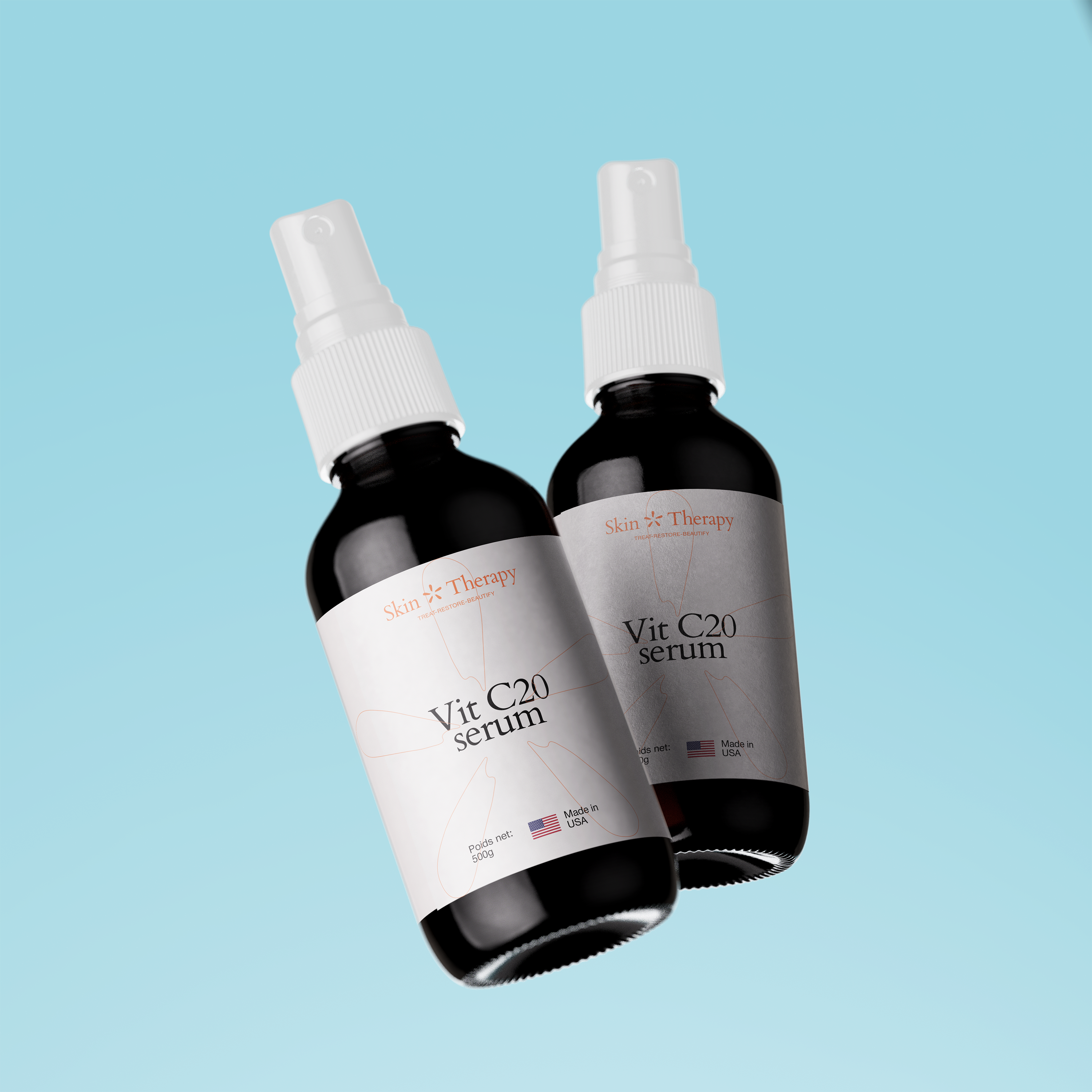 Vit C20 Serum — deux flacons spray sur fond bleu