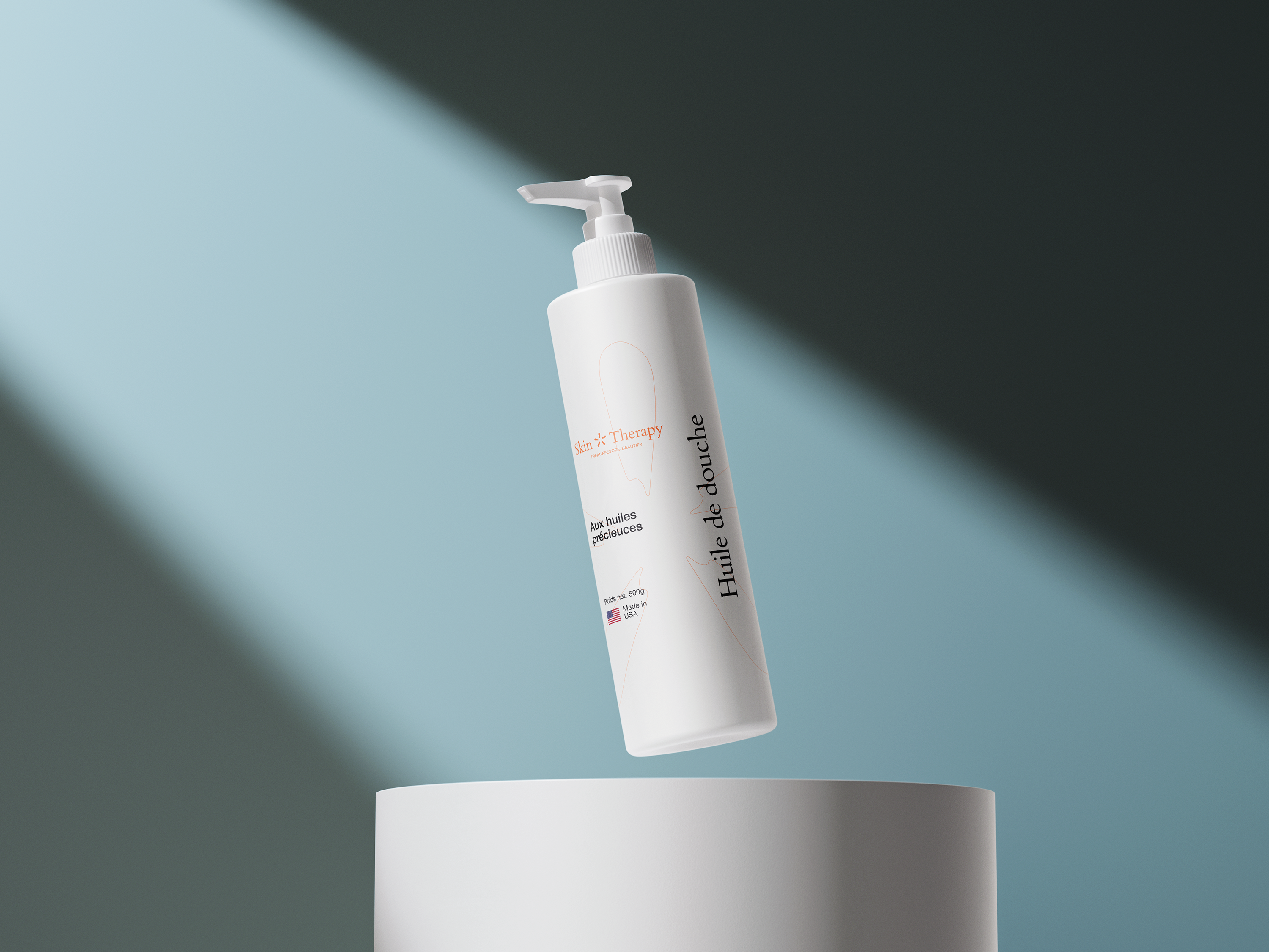 Huile de douche Skin Therapy sur podium, lumière diagonale